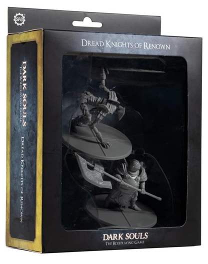 Unpainted Dark Souls RPG miniatures in "Dread Knights of Renown" box