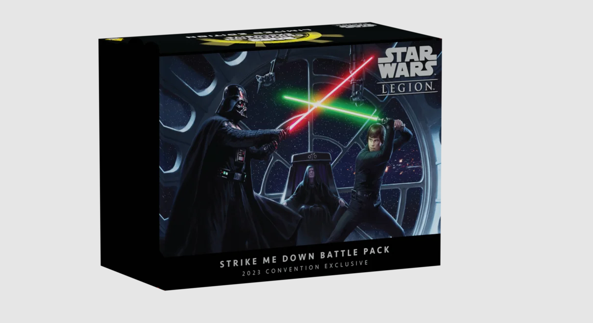 Star Wars Legion box: Darth Vader and Luke Skywalker clash lightsabers as Emperor Palpatine watches