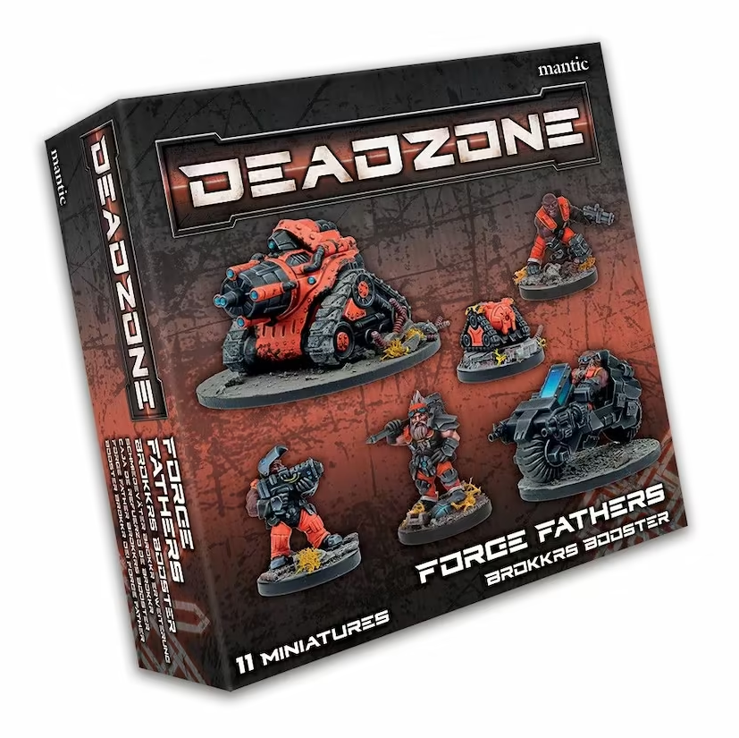 Deadzone: Force Fathers Brokkrs Booster game box displaying 11 sci-fi miniatures, including a red tank and figures