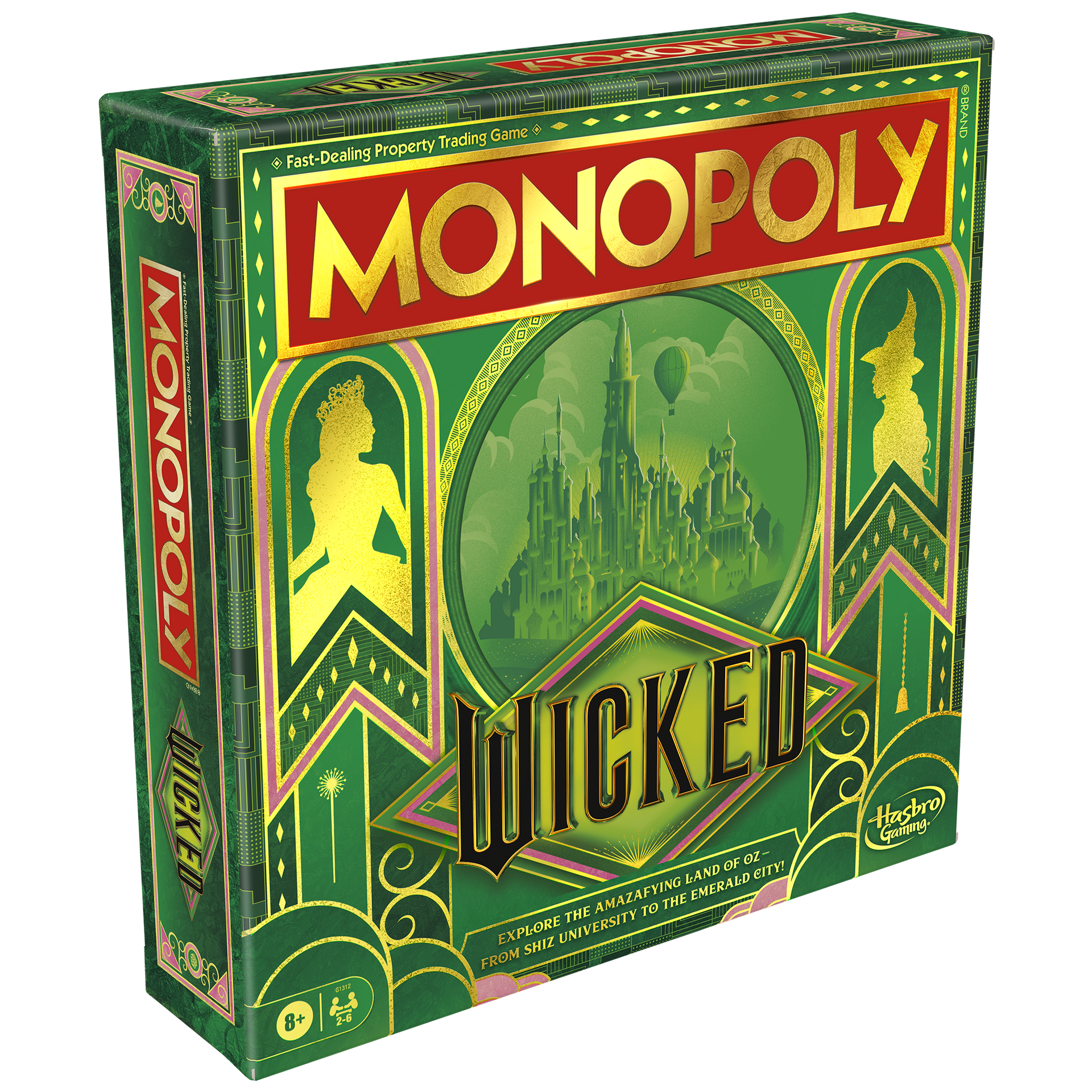 Green "Wicked Monopoly" board game box with gold accents, featuring the Emerald City, a queen, and a witch