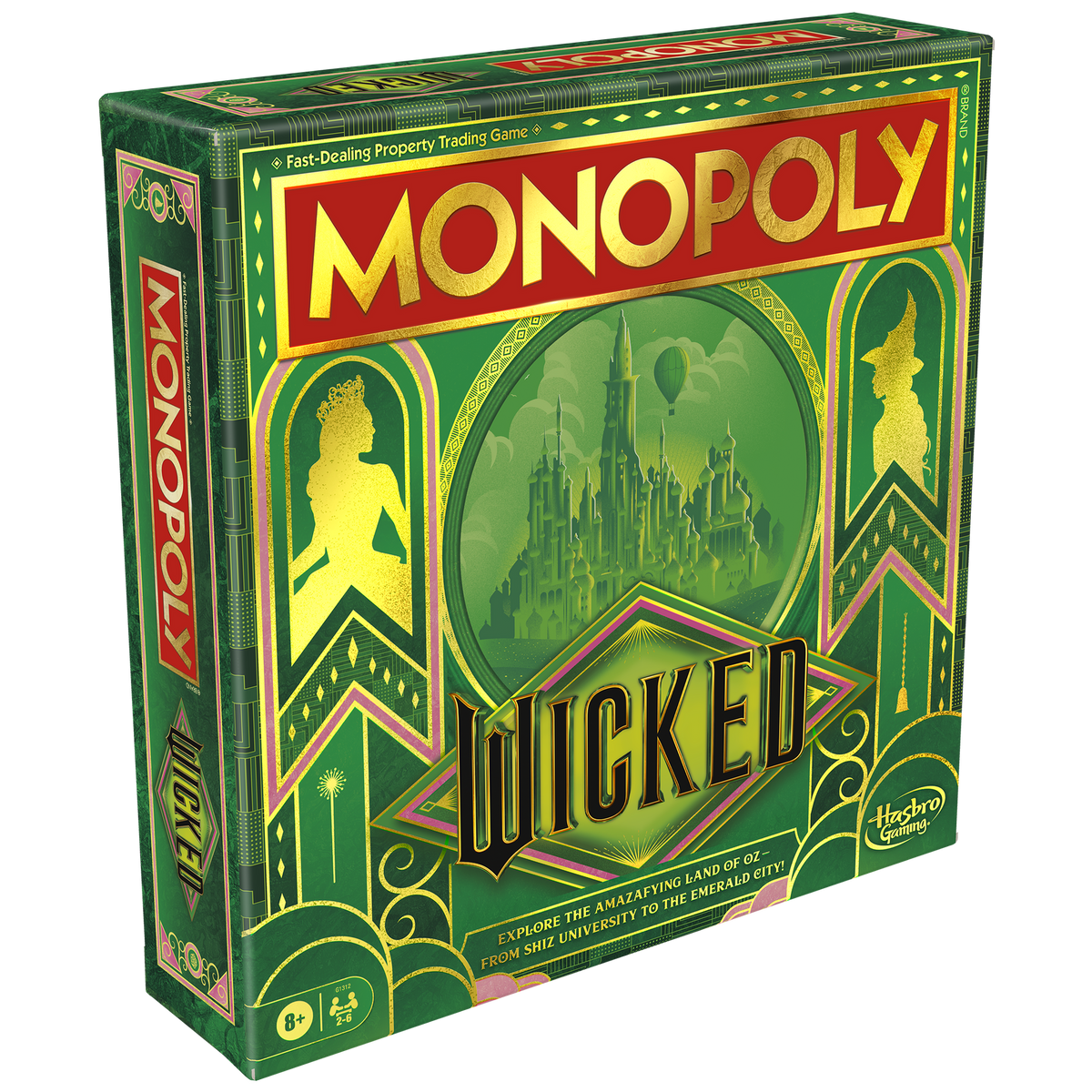 Green &quot;Wicked Monopoly&quot; board game box with gold accents, featuring the Emerald City, a queen, and a witch