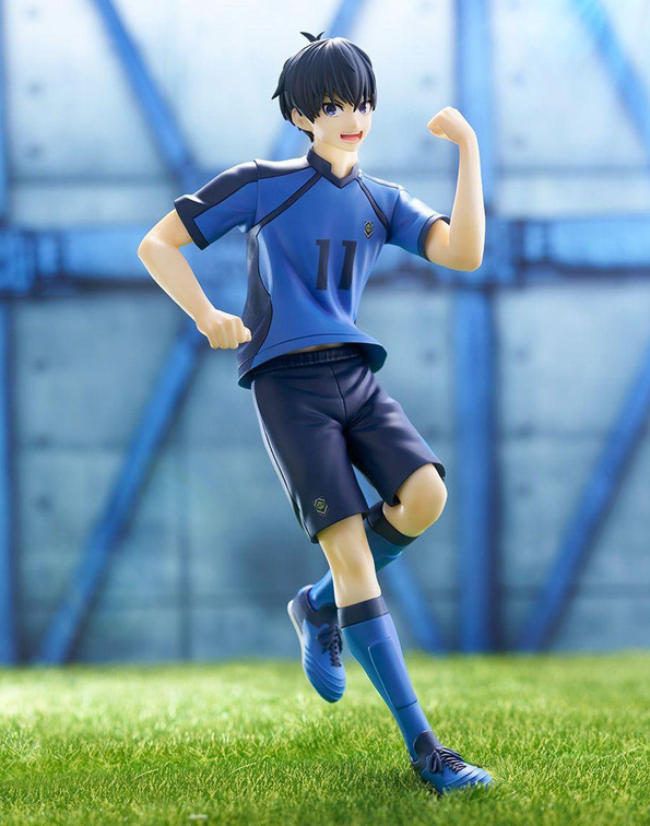 FuRyu TENITOL Isagi Yoichi figure in blue soccer jersey and shorts running on grass