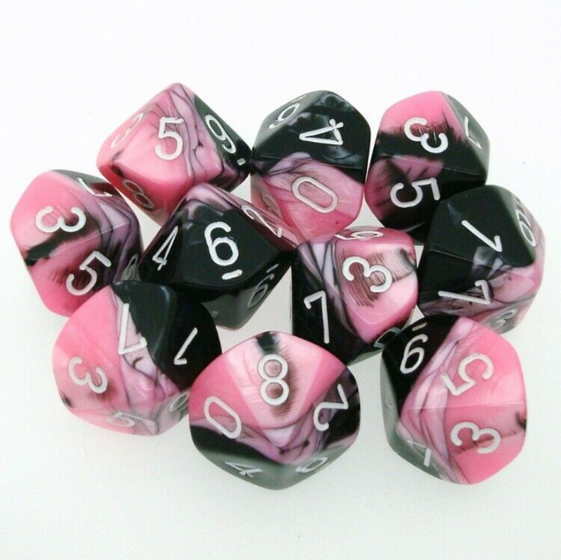 Ten pink and black swirled d10 dice with white numbers on a white surface