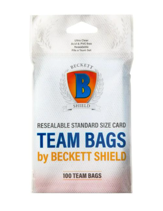 White package of 100 Beckett Shield resealable team bags for standard size trading cards, featuring a large B logo