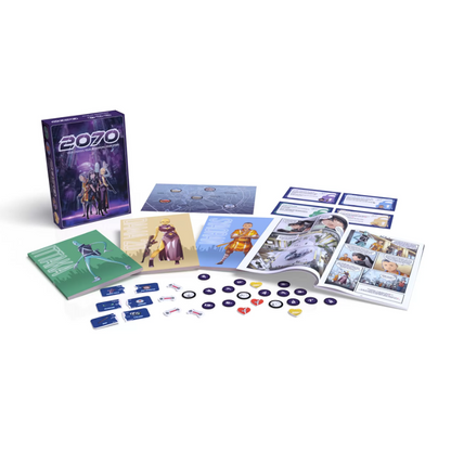 A 2070 board game set with box, game board, multiple colorful booklets, and various tokens like heart, bone, and circular shapes, on white