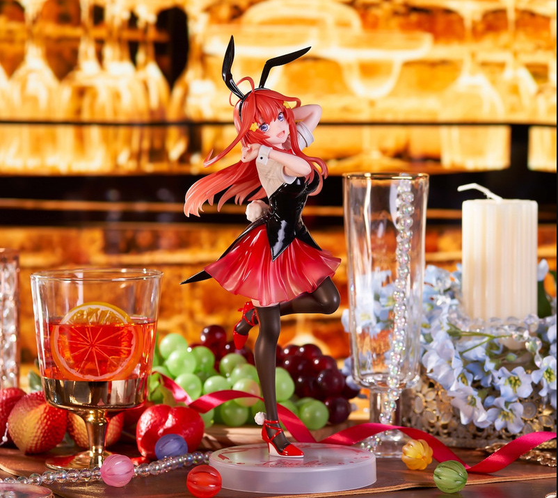 Figure of a woman with long red hair wearing a white collared shirt under a black corset and a red mini skirt with black bunny ears a white bunny tail black on color backgrond