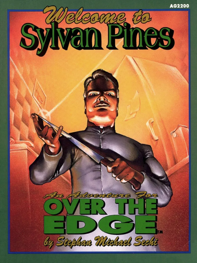 Stern man with glowing eyes and mustache holds a knife in a menacing pose, against an orange, geometric background