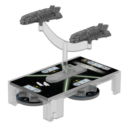 Two grey Gozanti-class Cruiser wargame miniatures on a clear stand, over a starry game base