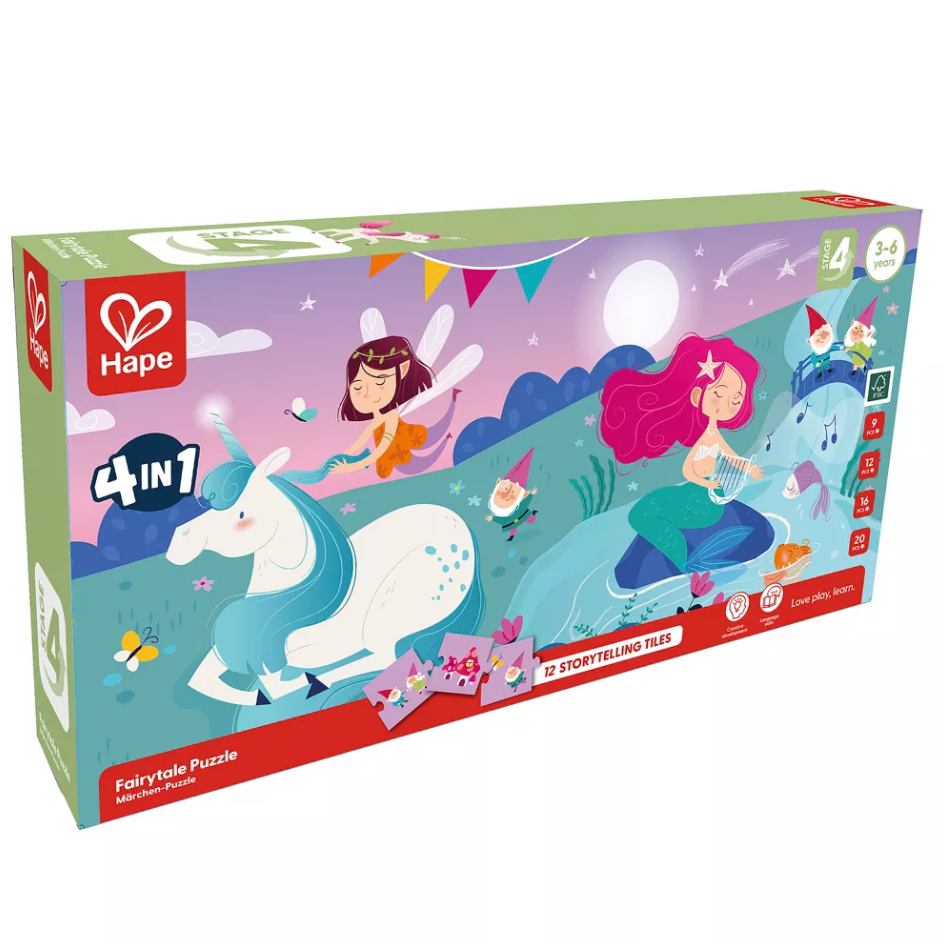 Hape 4-in-1 Fairytale Puzzle box shows a unicorn, fairy, mermaid playing harp, and gnomes.