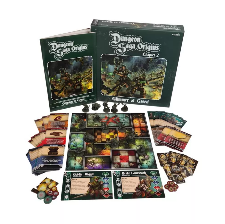 A Dungeon Saga Origins board game set laid out, showing the box, rulebook, game board, miniatures, cards, and tokens