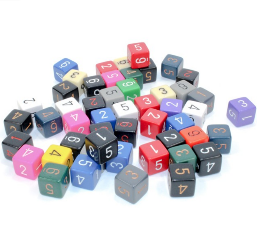Colorful, numbered six-sided dice scattered across a white surface