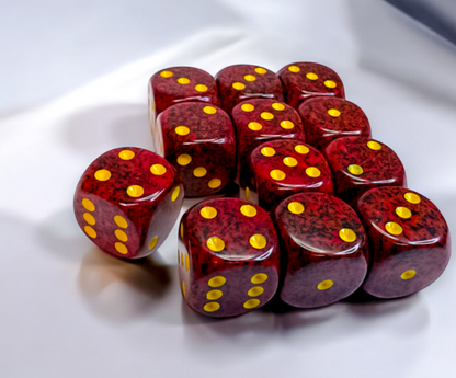 A cluster of burgundy marbled dice with yellow pips on a light surface