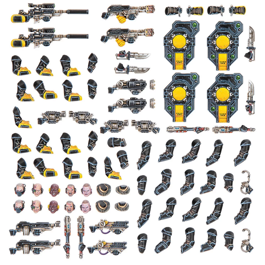 Detailed sci-fi miniature components including rifles, shields, heads, and black/yellow armored limbs