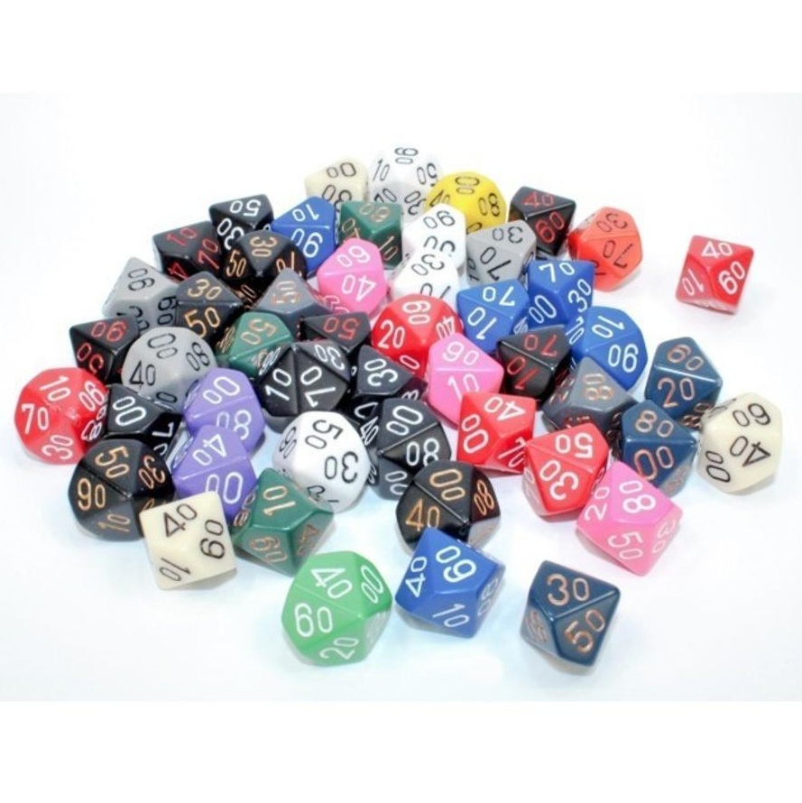 A large pile of colourful polyhedral dice, mostly d10s with numbers, on a white background.