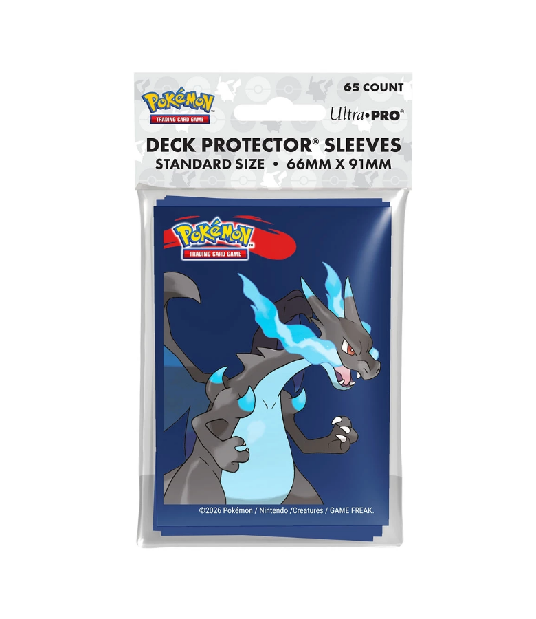 Pokemon TCG Ultra PRO Deck Sleeves (65 ct) featuring dark Mega Charizard X breathing blue fire