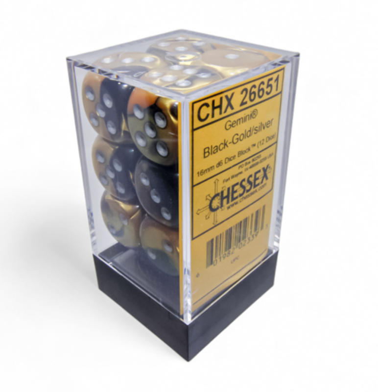 A clear plastic display holding Chessex Gemini Black-Gold/silver d6 dice block containing twelve dice