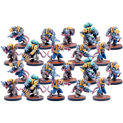 A set of painted miniature rat-like figures, armored and armed with various sci-fi weapons, posed on brown bases