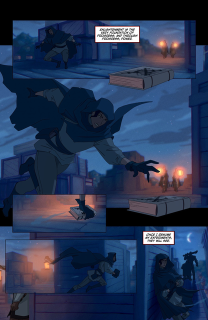 A cloaked figure in a dark city at night stealthily grabs a large, symbol-marked book, then runs off with it