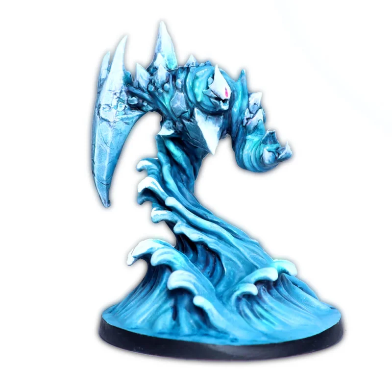 A painted miniature of a blue ice-water elemental with an icy blade arm, rising from crashing waves