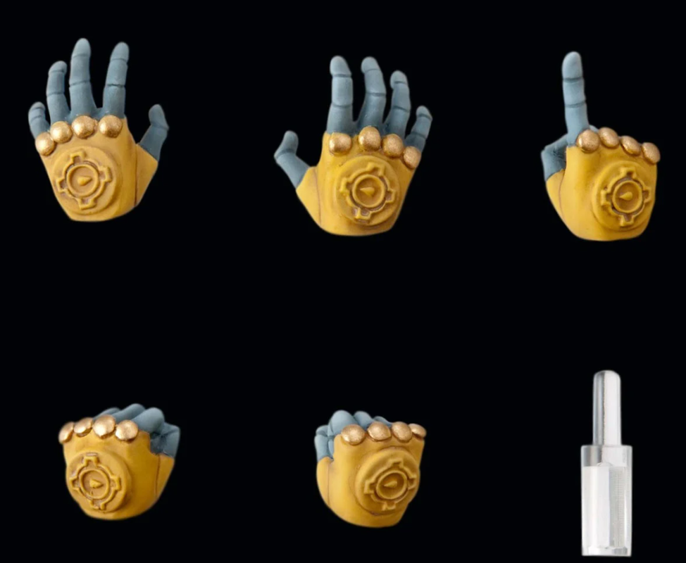 Six yellow and blue toy hands with golden finger accents and a gear-like design on the palm shown in various poses