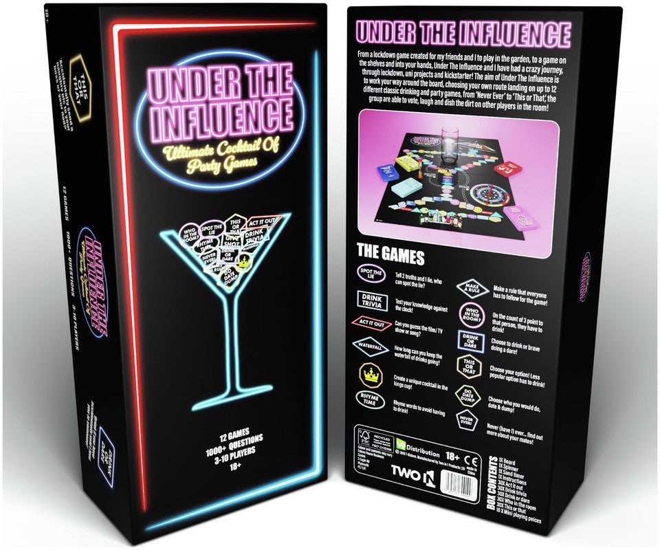 Under the Influence Ultimate Cocktail of Party Games a vibrant black board game with colorful squares and spinners beside the box and game components