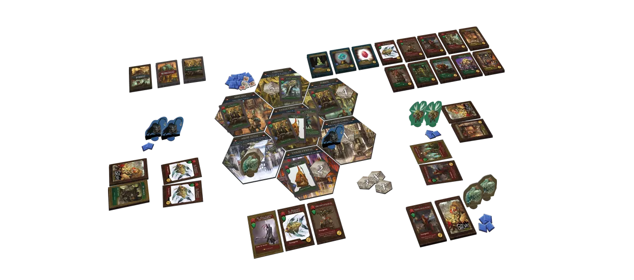 A fantasy board game laid out, featuring hexagonal map tiles, numerous illustrated cards, and various game tokens