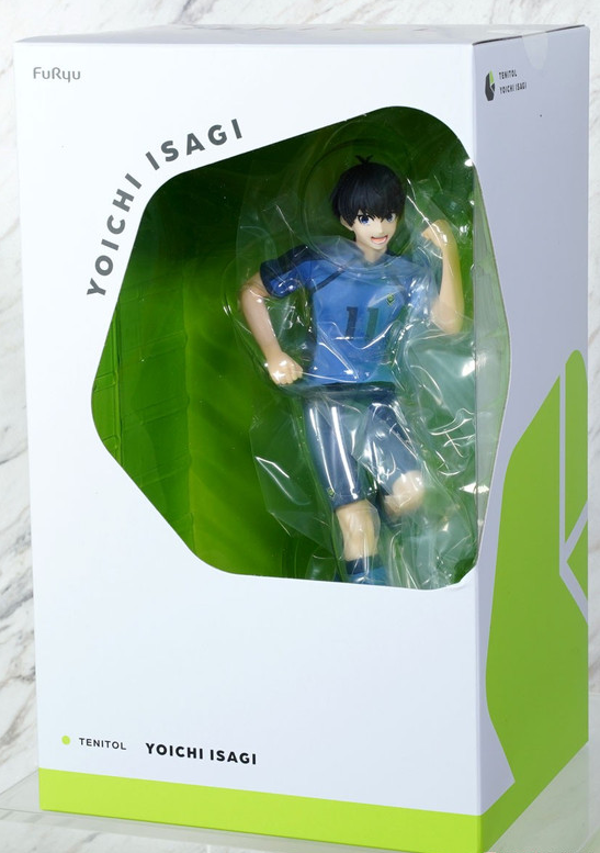 TENITOL Yoichi Isagi figure from Blue Lock in a blue soccer uniform posing dynamically in packaging