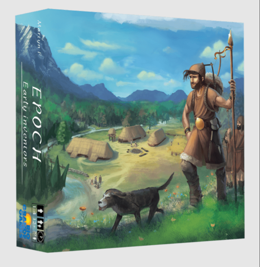 Board game cover for Epoch: Early Inventors. A man with a spear and a dog overlooks a prehistoric village