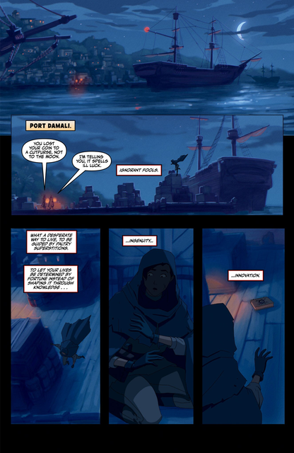 Nighttime port with ships under a red moon. Hooded figures discuss luck vs. knowledge. A cloaked person flies, another sees a glowing, floating book