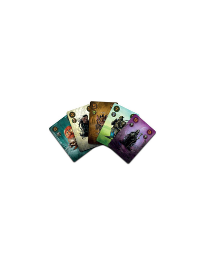 Five vibrant fantasy playing cards, fanned out, each depicting a character and a number