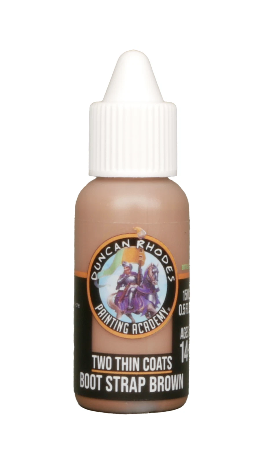 A small brown paint bottle labeled "Duncan Rhodes Two Thin Coats Boot Strap Brown" with a white dropper cap