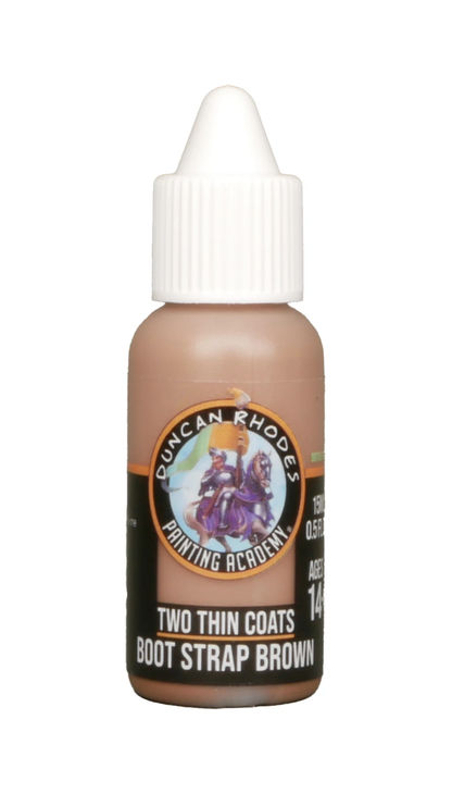 A small brown paint bottle labeled "Duncan Rhodes Two Thin Coats Boot Strap Brown" with a white dropper cap