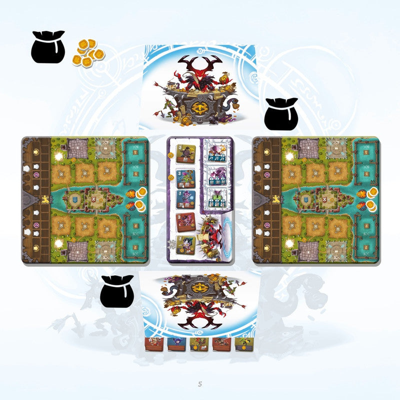 Board game setup with two player boards a central card display villain mat and two pouches of coins