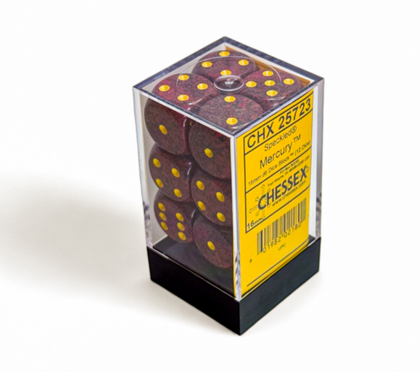 Twelve speckled burgundy dice with yellow pips are displayed in a clear plastic case with a product label