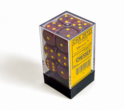 Twelve speckled burgundy dice with yellow pips are displayed in a clear plastic case with a product label