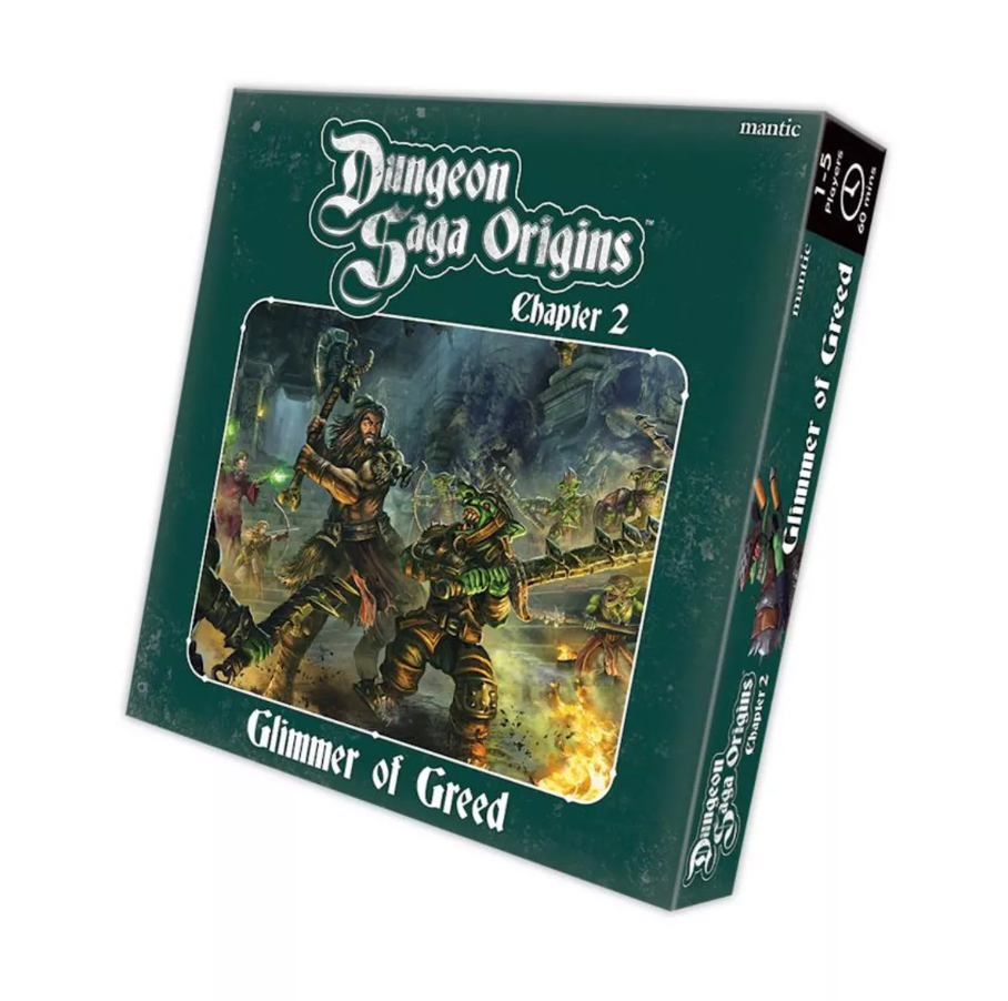 Green board game box for Dungeon Saga Origins: Glimmer of Greed, depicting a fantasy warrior fighting a goblin