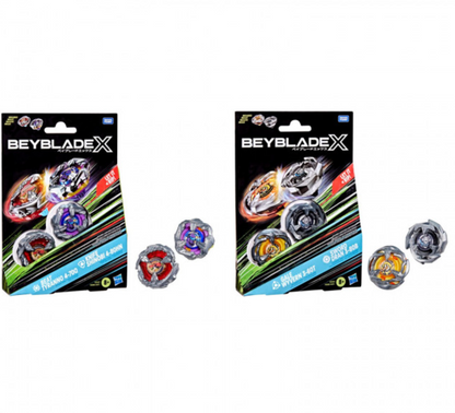 Two Beyblade X toy sets, each with a box and several colourful spinning tops displayed on a white background