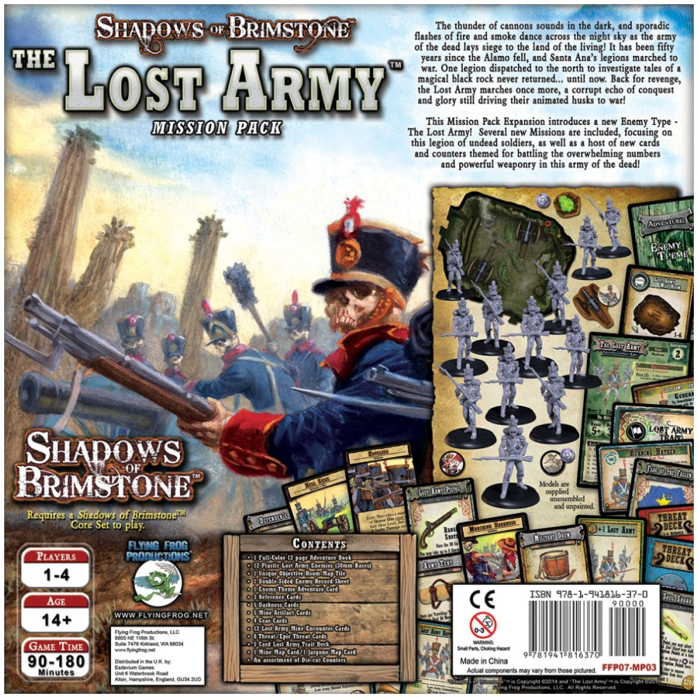 Shadows of Brimstone: The Lost Army box back. Undead soldier in blue uniform holds a rifle, with game miniatures and cards