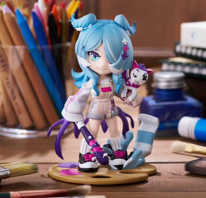 Anime girl figurine with blue hair and purple plus signs holding a small white cat with pink accents on color background