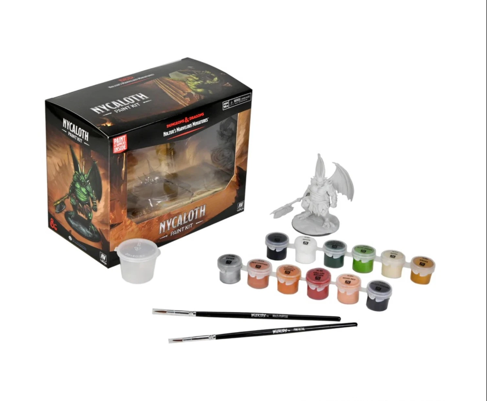 A Dungeons &amp; Dragons Nycaloth Paint Kit, featuring an unpainted monster miniature, several paint pots, and two brushes