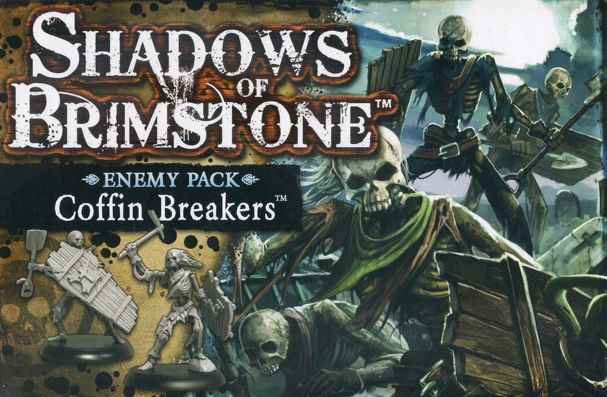 Shadows of Brimstone: Coffin Breakers Enemy Pack. Artwork depicts skeletons breaking out of coffins in a graveyard; includes miniatures