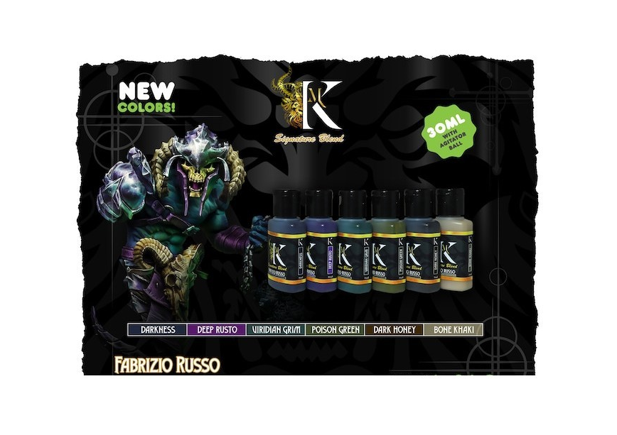 New Signature Blend miniature paints by Fabrizio Russo, featuring 6 color bottles and a painted demon figure
