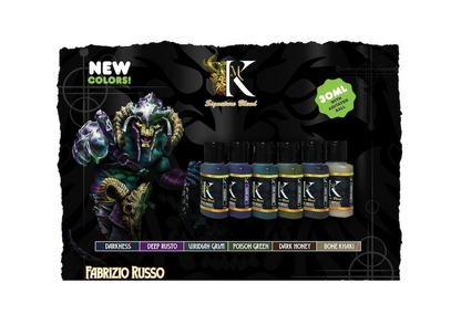 New Signature Blend miniature paints by Fabrizio Russo, featuring 6 color bottles and a painted demon figure