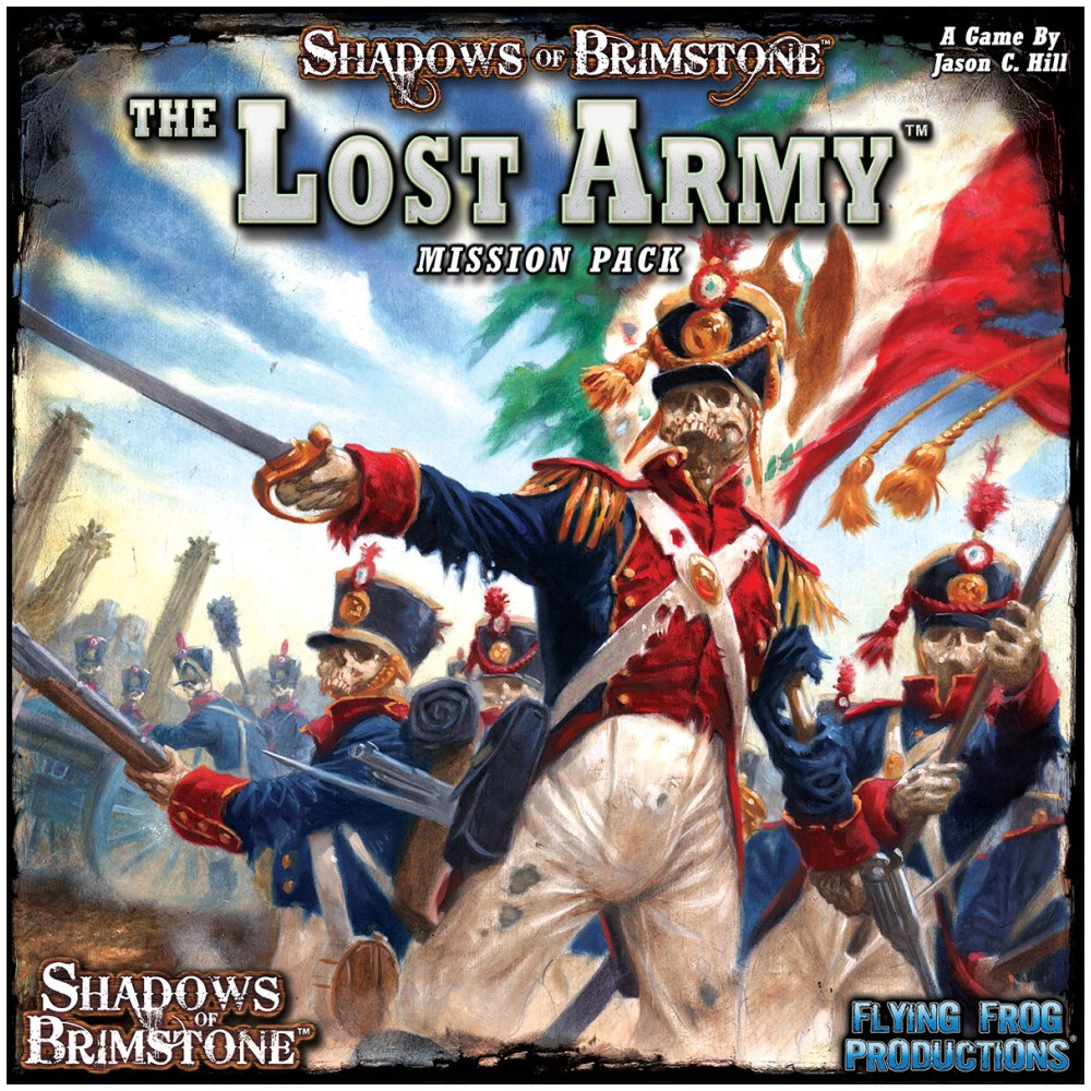 Skeletal general in military uniform raises a sword, leading an undead army in battle. Shadows of Brimstone: The Lost Army