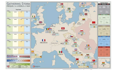 A strategy board game map, "Gathering Storm," depicting 1930s-1940s Europe with countries, unit charts, and game progression