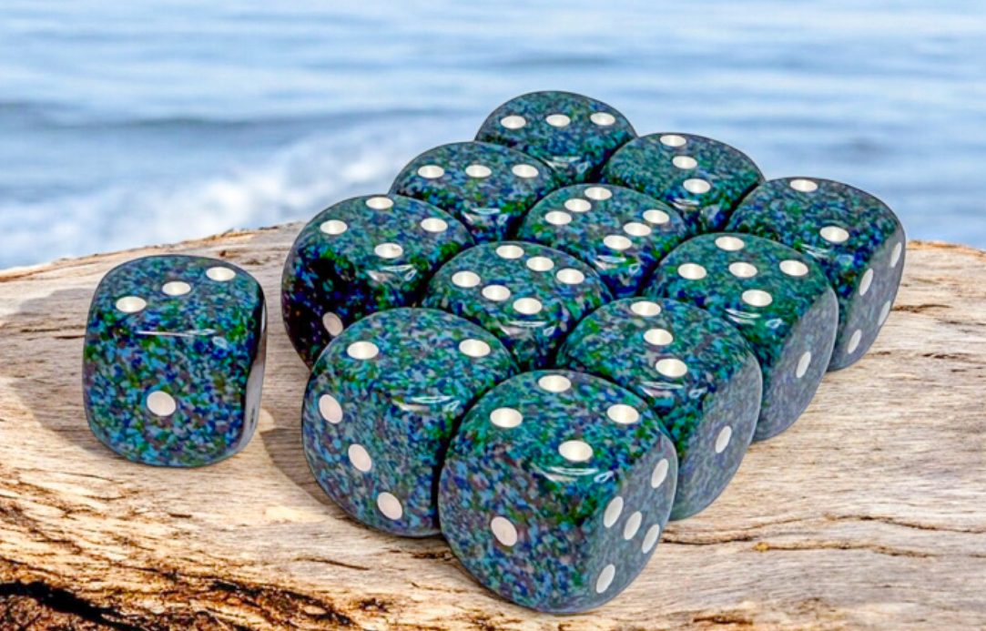 A stack of speckled blue-green dice and one standalone die sit on the stone