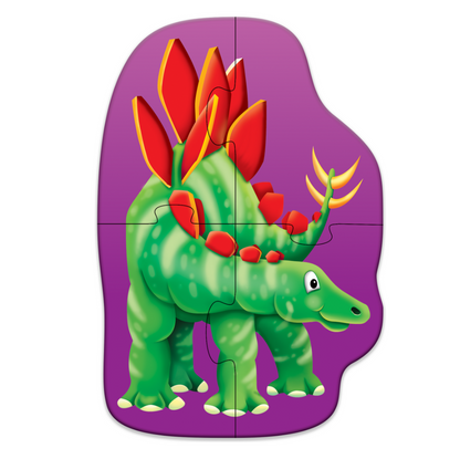 Four-piece jigsaw puzzle of a friendly green Stegosaurus dinosaur with large red back plates