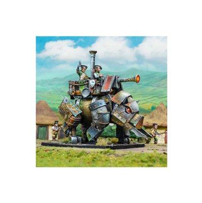 A fantasy miniature of two gnomes piloting a steam-powered armored boar-tank with a glowing cannon in a grassy field