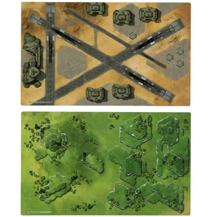 Catalyst Game Labs BattleTech Alpha Strike Aerobase 1 Battle Mat featuring two double-sided desert airfield and lush green terrain game maps