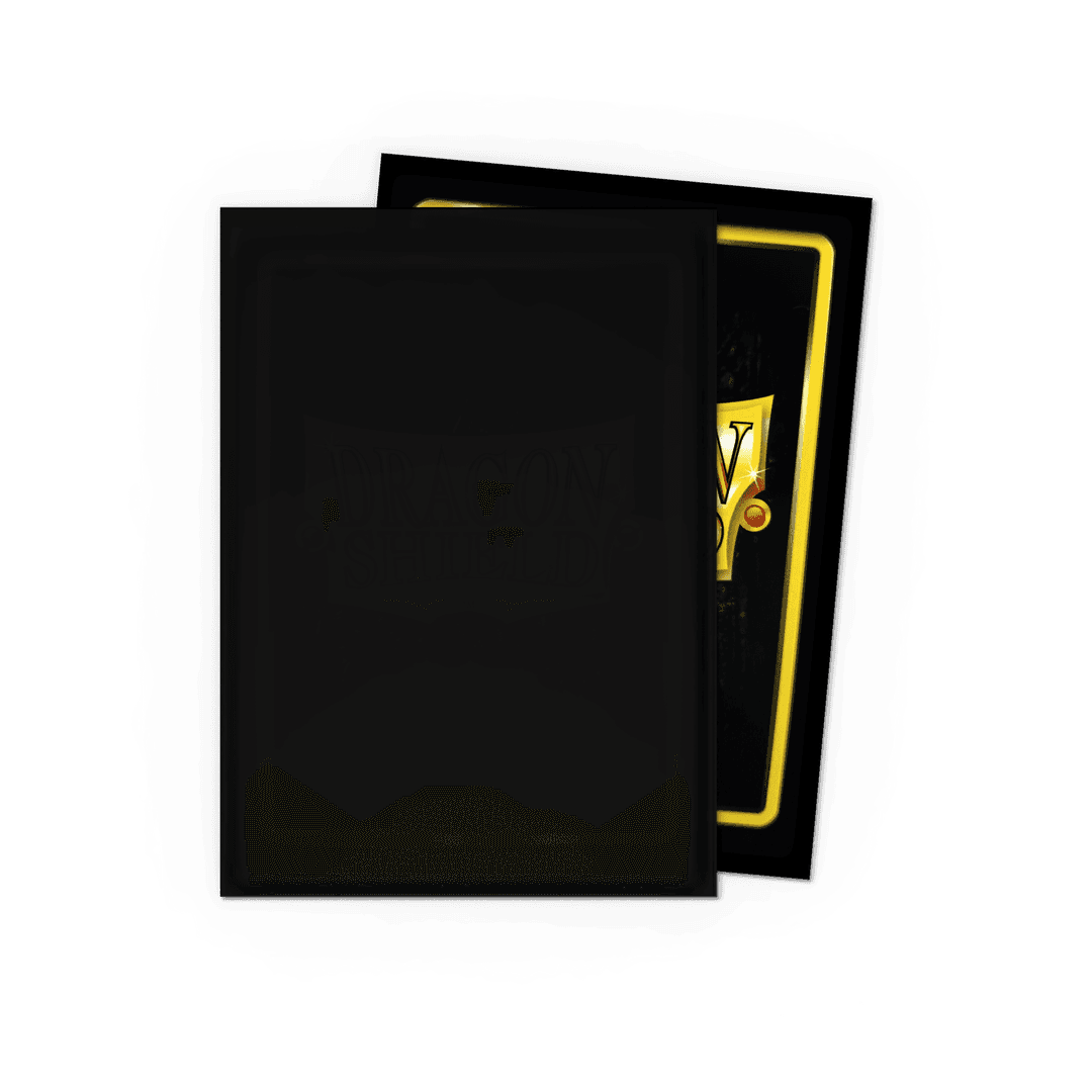 Two black card sleeves, one overlapping the other. The front sleeve has a faint Dragon Shield logo. The back sleeve shows a gold border and a golden &#39;V&#39; graphic